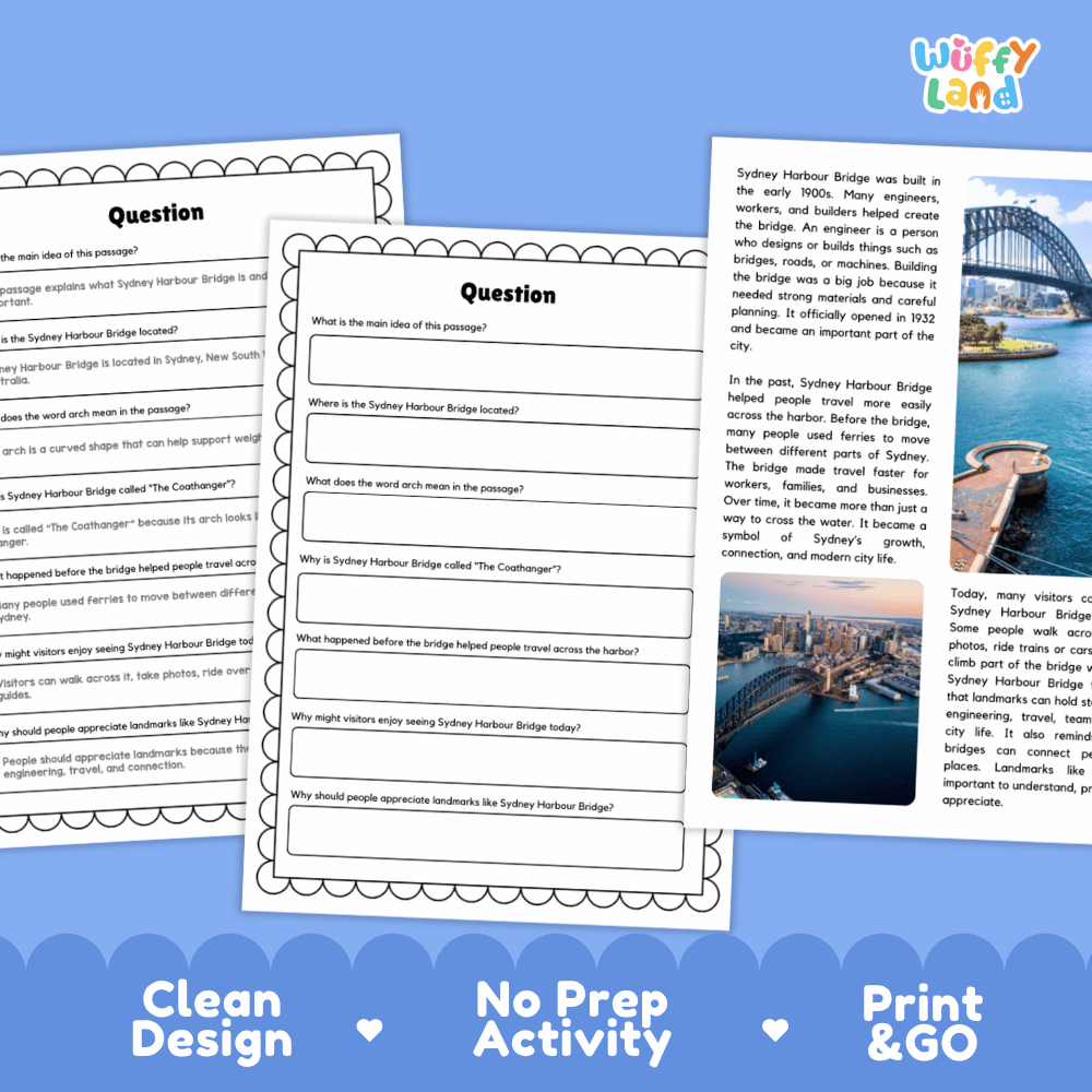 Student reading passage titled A Famous Bridge in Australia detailing Sydney Harbour Bridge construction arch engineering nickname and harbor photography