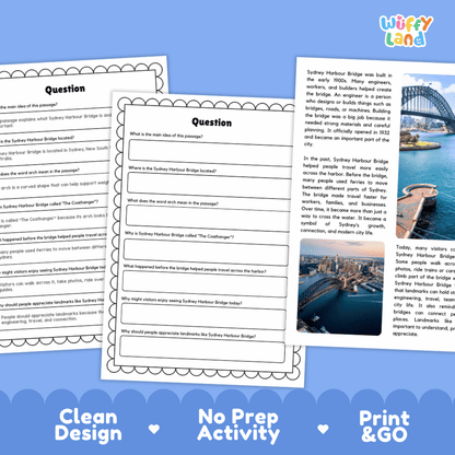 Student reading passage titled A Famous Bridge in Australia detailing Sydney Harbour Bridge construction arch engineering nickname and harbor photography