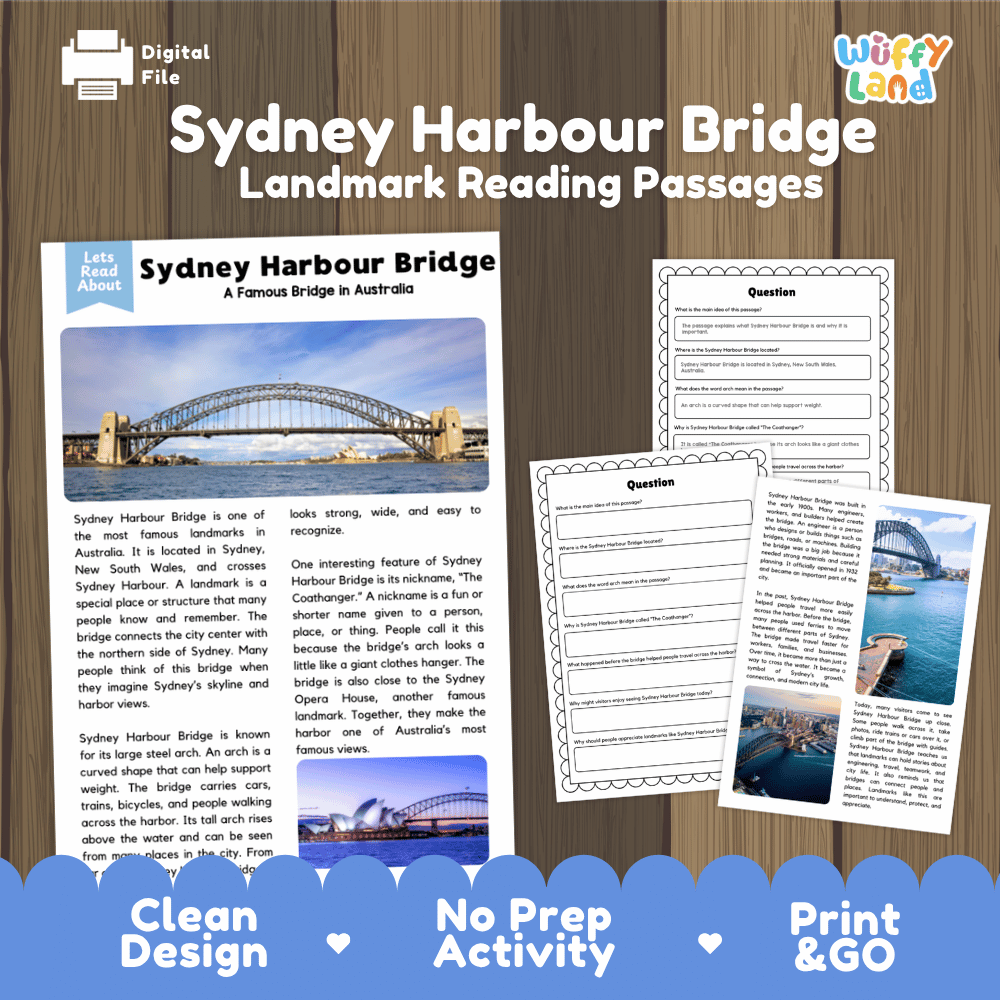Sydney Harbour Bridge landmark reading passages educational study unit featuring nonfiction reading worksheets and authentic Australian steel arch bridge photography