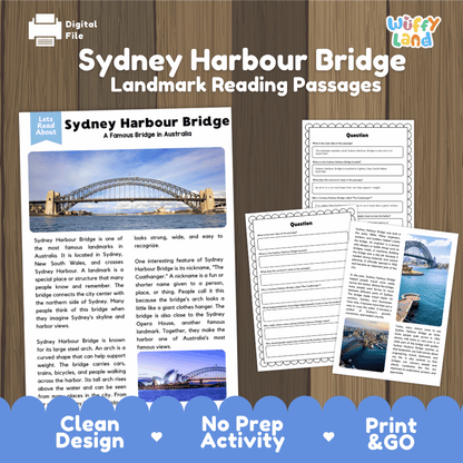 Sydney Harbour Bridge landmark reading passages educational study unit featuring nonfiction reading worksheets and authentic Australian steel arch bridge photography