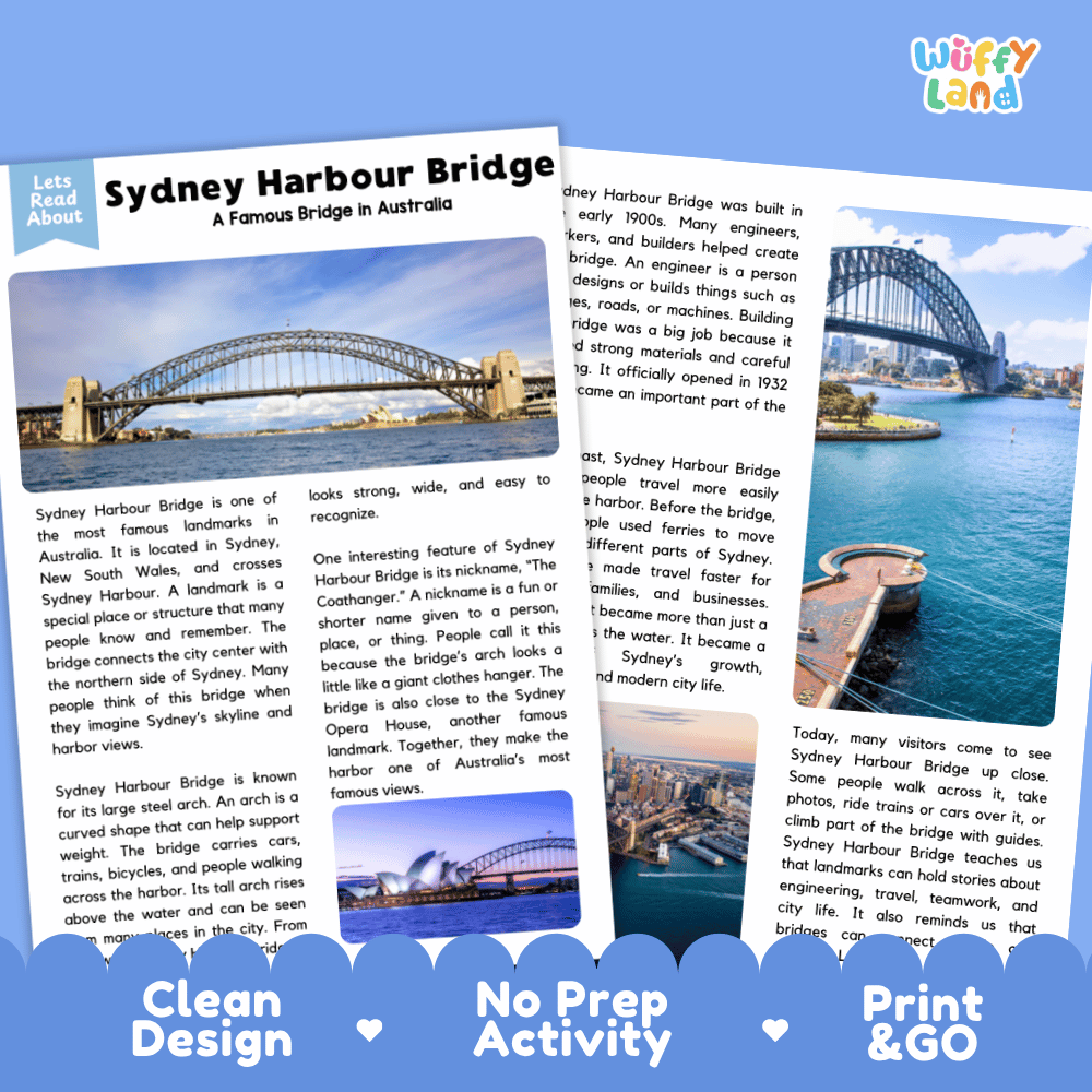 Reference sheet and answer key for Sydney Harbour Bridge landmark reading passage displaying completed comprehension answers and Australian geography facts