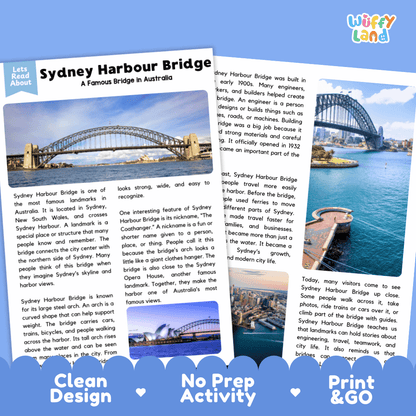 Reference sheet and answer key for Sydney Harbour Bridge landmark reading passage displaying completed comprehension answers and Australian geography facts