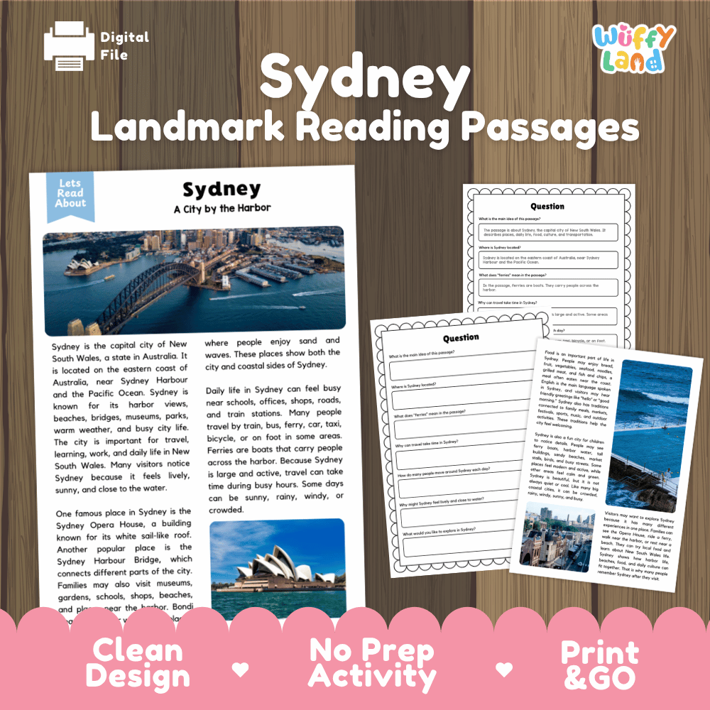 Sydney landmark reading passage and comprehension worksheet educational unit featuring nonfiction text and authentic Sydney Harbour Bridge and Opera House photography