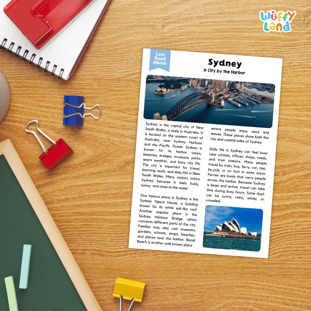 Lined reading comprehension question worksheet covering main ideas vocabulary terms and landmark facts about Sydney New South Wales Australia