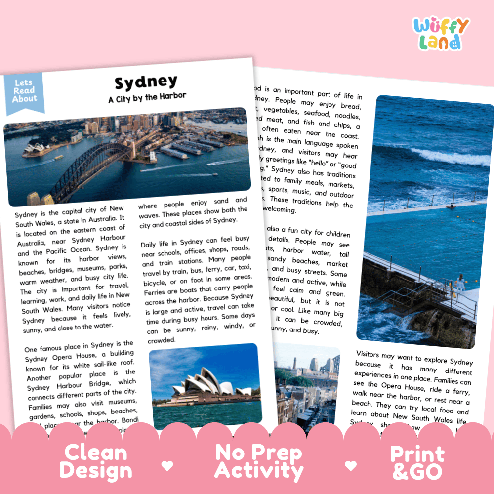 Reference sheet and answer key for Sydney landmark reading passage displaying completed comprehension answers and Australian geography facts