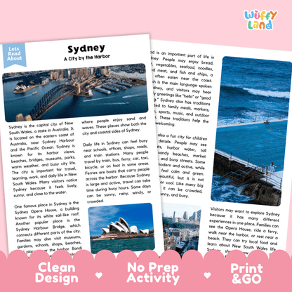 Reference sheet and answer key for Sydney landmark reading passage displaying completed comprehension answers and Australian geography facts
