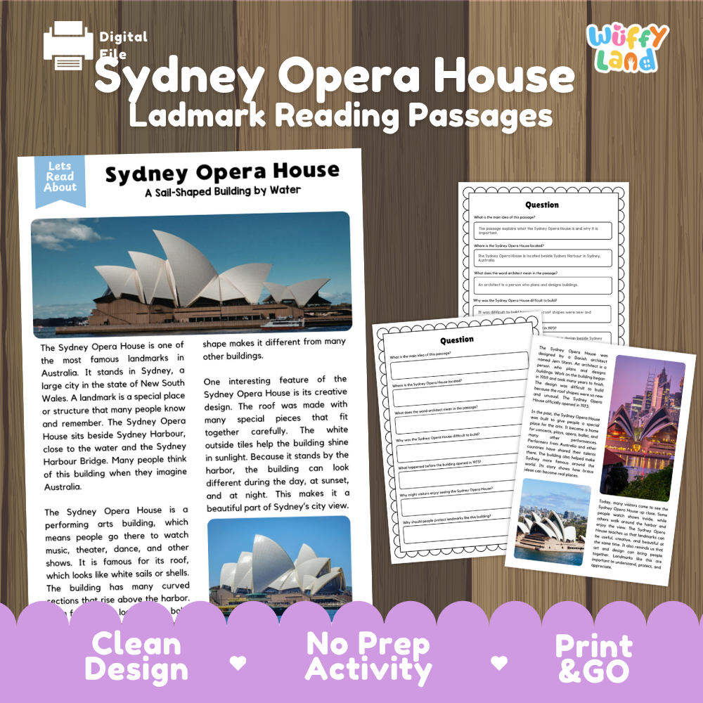 Digital educational resource cover for 'Sydney Opera House Ladmark Reading Passages' by Willy Land, showing sample text pages and a worksheet on a wood-grain background.