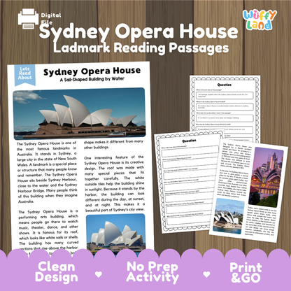 Digital educational resource cover for 'Sydney Opera House Ladmark Reading Passages' by Willy Land, showing sample text pages and a worksheet on a wood-grain background.