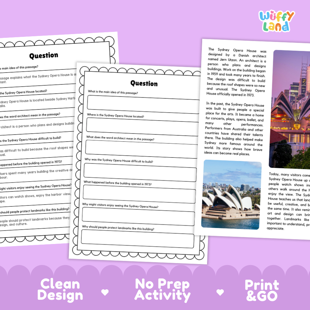 Three printable worksheet pages for a Sydney Opera House activity, displayed on a purple background with the text 'Clean Design', 'No Prep Activity', and 'Print & GO'. The pages include question prompts and a text section with a small Sydney Opera House photo.
