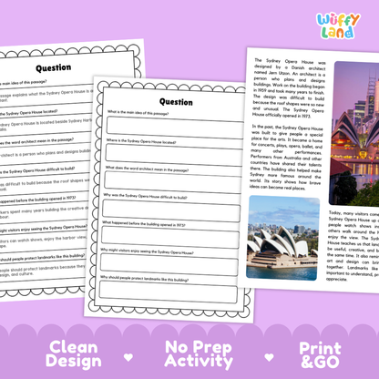 Three printable worksheet pages for a Sydney Opera House activity, displayed on a purple background with the text 'Clean Design', 'No Prep Activity', and 'Print & GO'. The pages include question prompts and a text section with a small Sydney Opera House photo.