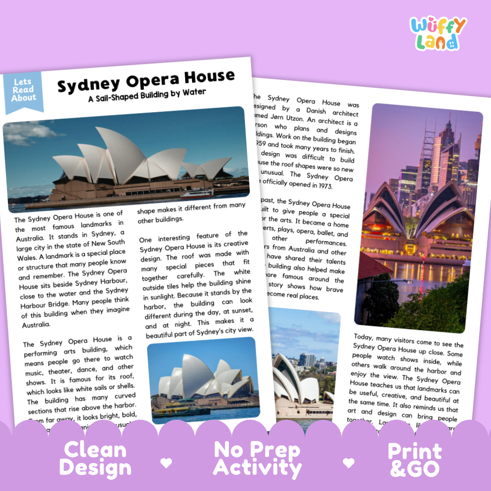Two printed activity sheets about Sydney Opera House are shown overlapping on a white background. The left sheet has a blue header reading 'Sydney Opera House' and a small photo of the building.