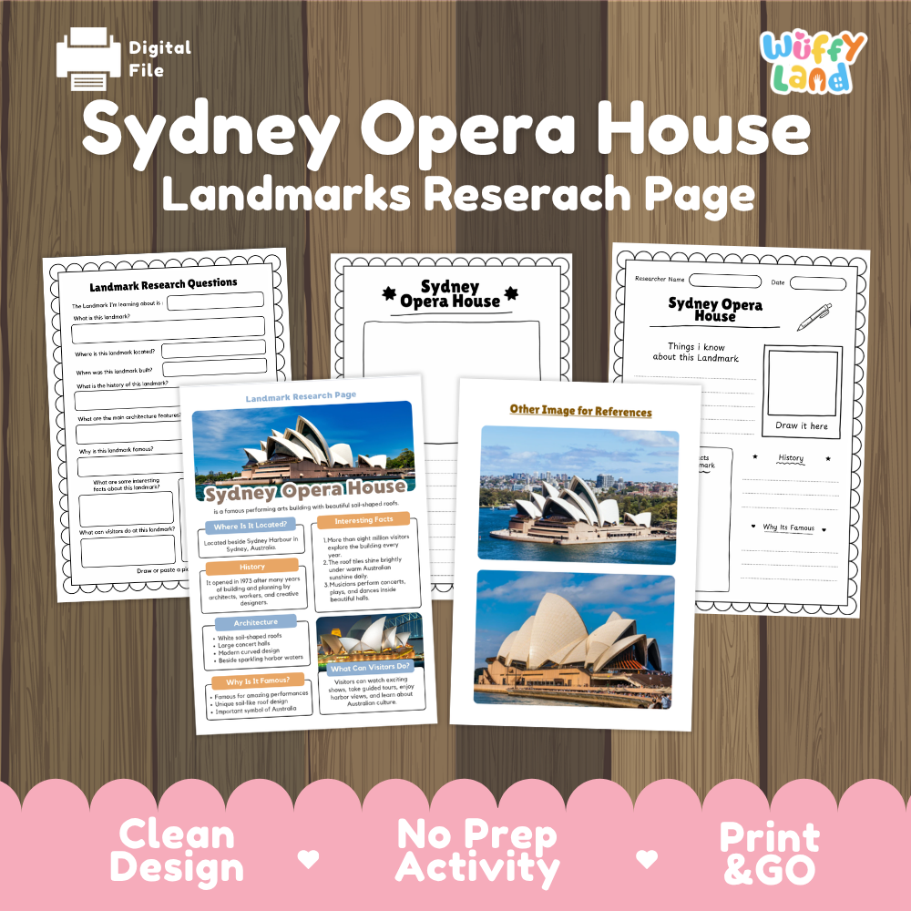 A digital product preview for a 'Sydney Opera House Landmarks Researach Page' by Wiffy Land, showing several printed worksheet pages laid out on a wood-grain background with a pink banner at the bottom.