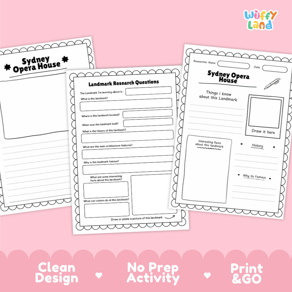 Three printable Sydney Opera House activity sheets arranged on a pink background with a pink scalloped footer. The sheets are labeled 'Sydney Opera House' and include writing and drawing prompts.