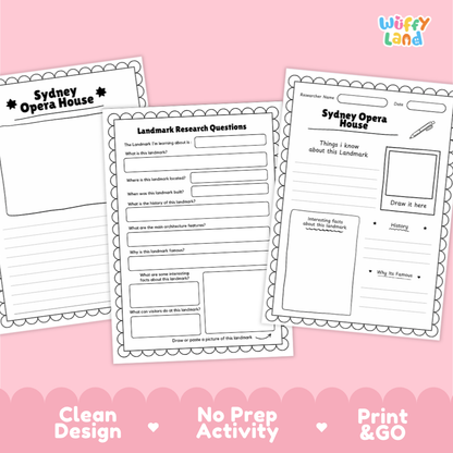 Three printable Sydney Opera House activity sheets arranged on a pink background with a pink scalloped footer. The sheets are labeled 'Sydney Opera House' and include writing and drawing prompts.