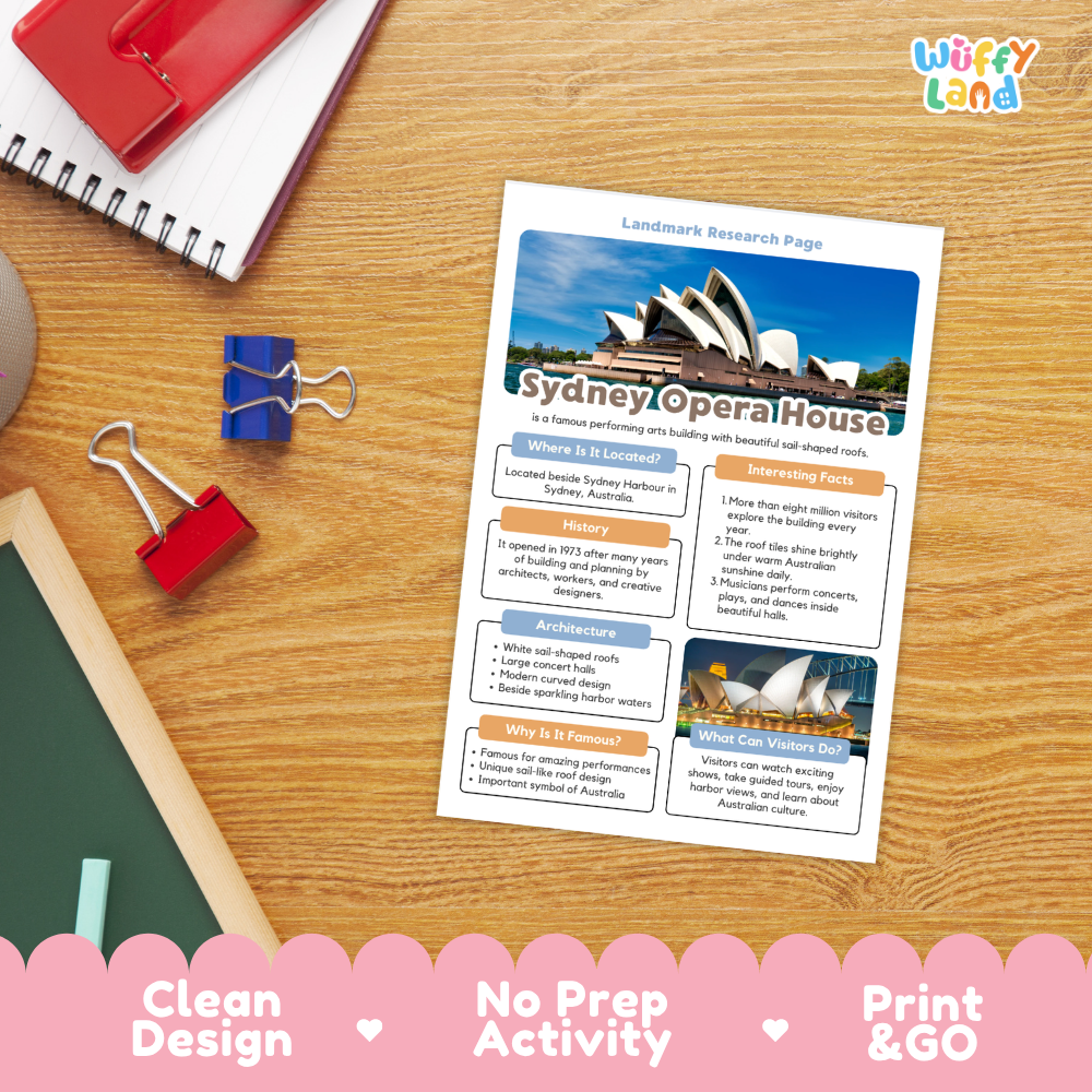 An educational activity sheet about Sydney Opera House, styled on a wooden desk with school supplies. The sheet features a colorful layout with text boxes, a map, and photos of the Opera House.