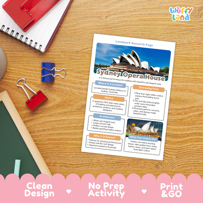 An educational activity sheet about Sydney Opera House, styled on a wooden desk with school supplies. The sheet features a colorful layout with text boxes, a map, and photos of the Opera House.