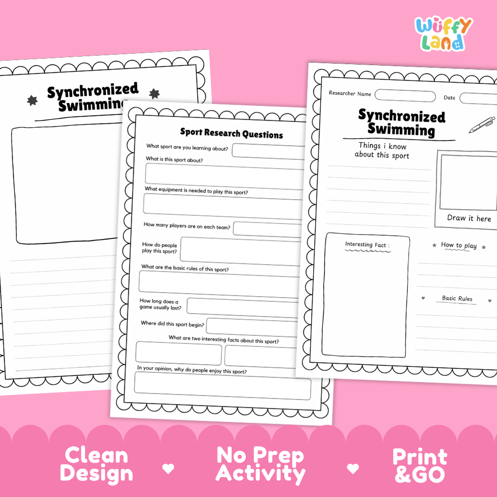 Three printable worksheet pages about synchronized swimming are shown on a pink background with marketing text at the bottom. The pages are white with black outlines and text, and the Wiffly Land logo appears in the top right.