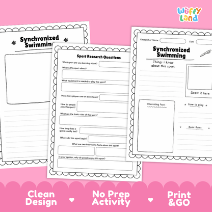 Three printable worksheet pages about synchronized swimming are shown on a pink background with marketing text at the bottom. The pages are white with black outlines and text, and the Wiffly Land logo appears in the top right.