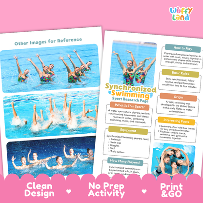 Two printed activity guide sheets for a swimming game, displayed on a pink background with decorative pink banners at the bottom. The sheets feature photos of children in water, colorful headings, and text including 'Other Images for Reference,' 'How to Play,' 'Basic Rules,' 'Synchronized Swimming Sport Research Fun,' and 'Print & GO.