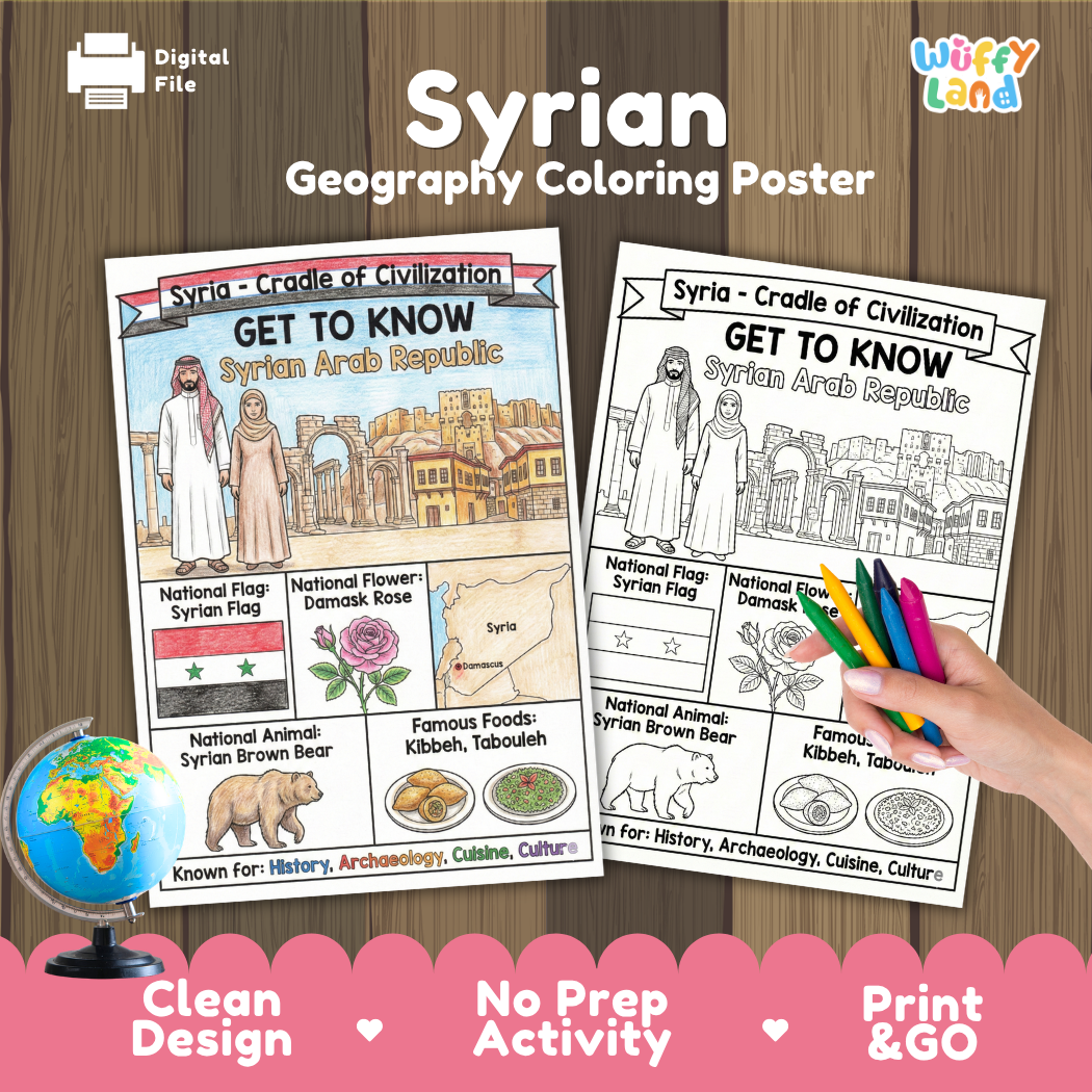 Get to know Syrian Arab Republic coloring poster paired with photo flashcards of Damascus city center, olive groves, and Apamea Colonnade