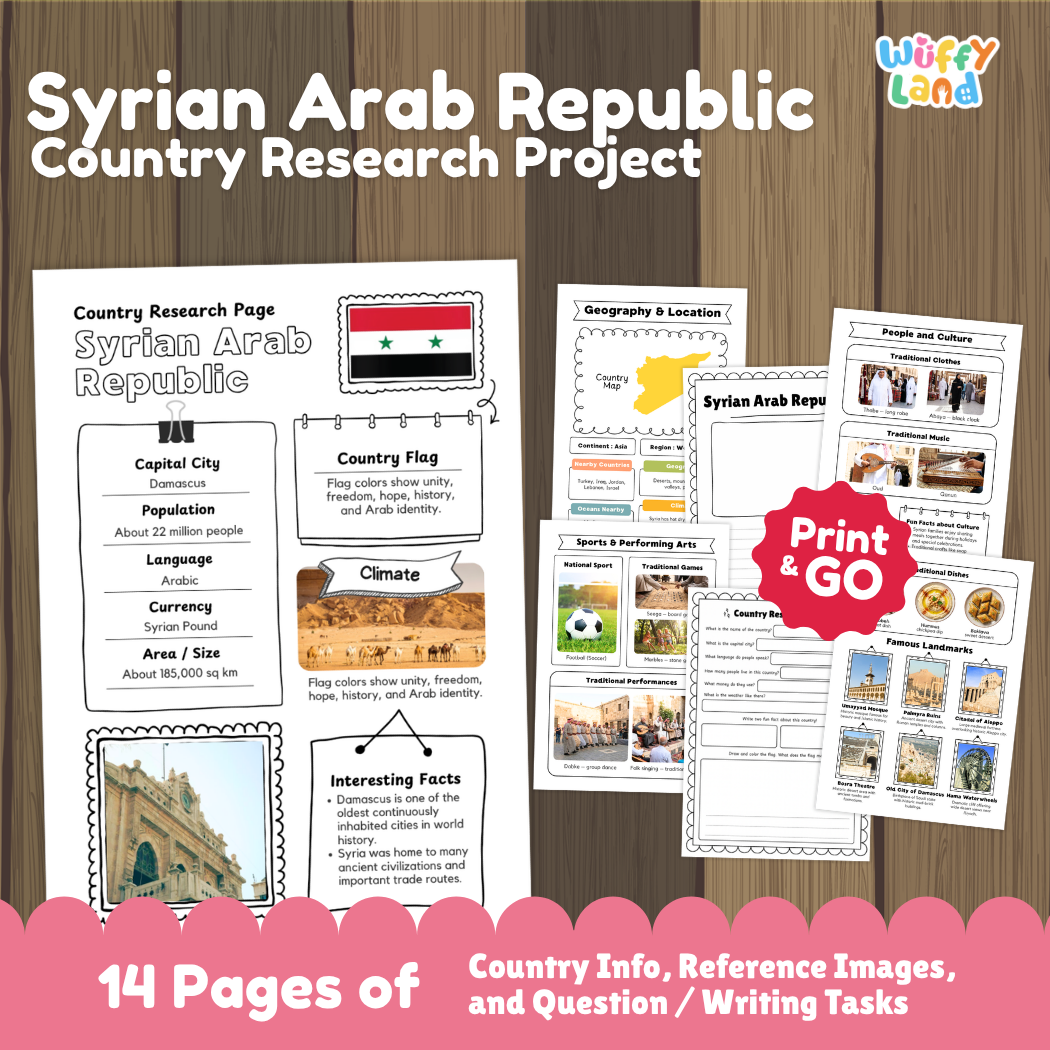 Student country research worksheet on Syria featuring national flag, Damascus capital facts, climate, and geography map