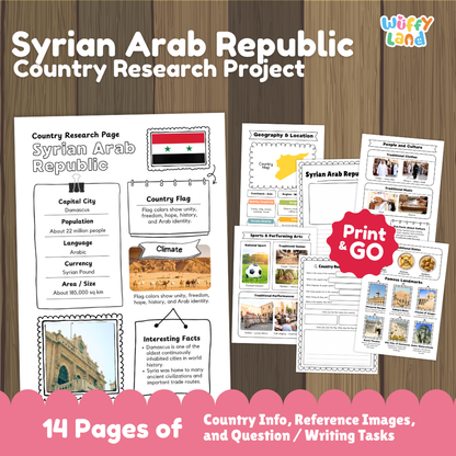 Student country research worksheet on Syria featuring national flag, Damascus capital facts, climate, and geography map
