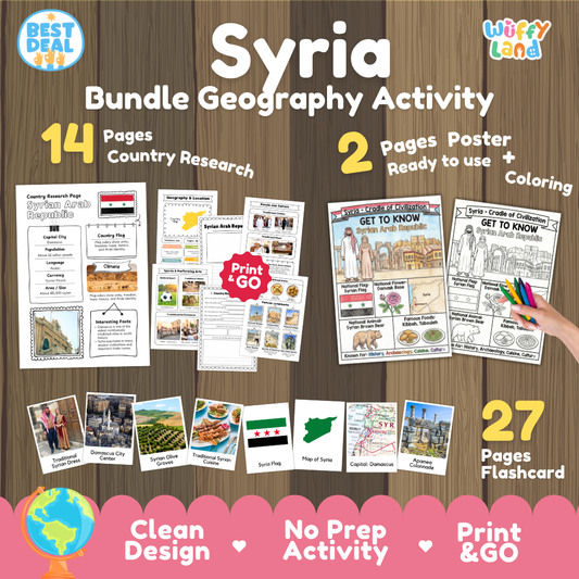 Syria geography activity bundle cover showing 14 country research pages, 2 ready to use coloring posters, and 27 photo flashcards
