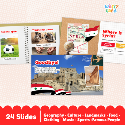 A collage of educational slide thumbnails for a geography and culture presentation about Syria, with the Wuffy Land logo in the top right and a red banner at the bottom stating '24 Slides' and listing topics like Geography, Culture, Landmarks, Food, Clothing, Music, Sports, and Famous People.