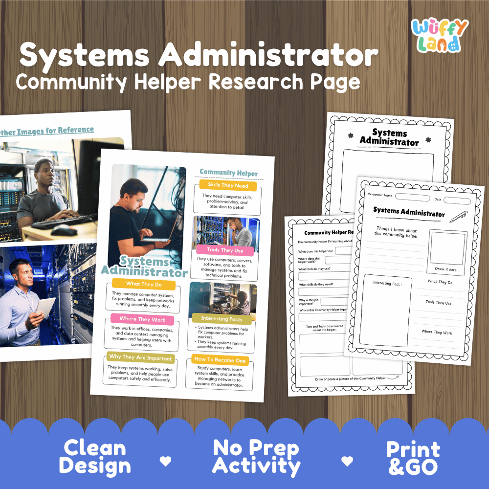 Systems administrator community helper research page writing worksheets pack featuring real photos and student activity pages for elementary social studies and technology