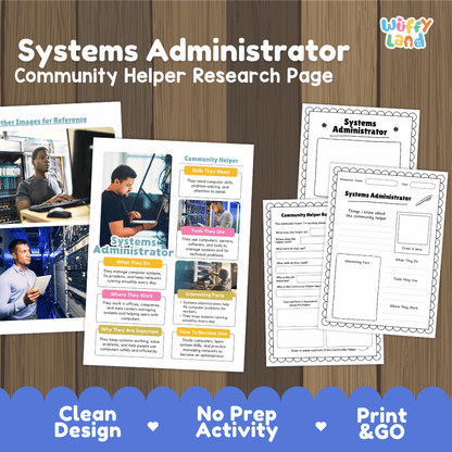 Systems administrator community helper research page writing worksheets pack featuring real photos and student activity pages for elementary social studies and technology