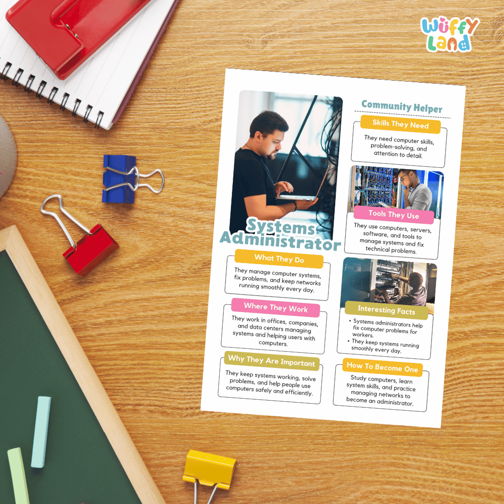 Guided student writing worksheets with lined sections for recording facts and a dedicated box for drawing or pasting a picture of a systems administrator