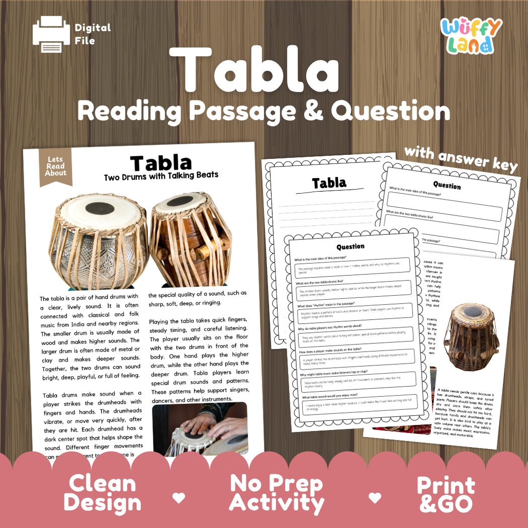 Tabla reading comprehension passage and questions printable activity pack with answer key for elementary students