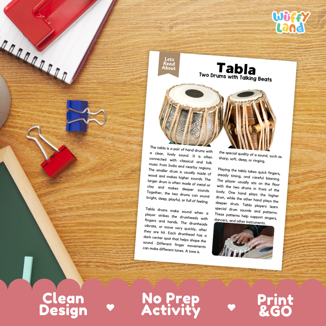 Student reading comprehension worksheet with short-answer questions and lined sections about the tabla instrument