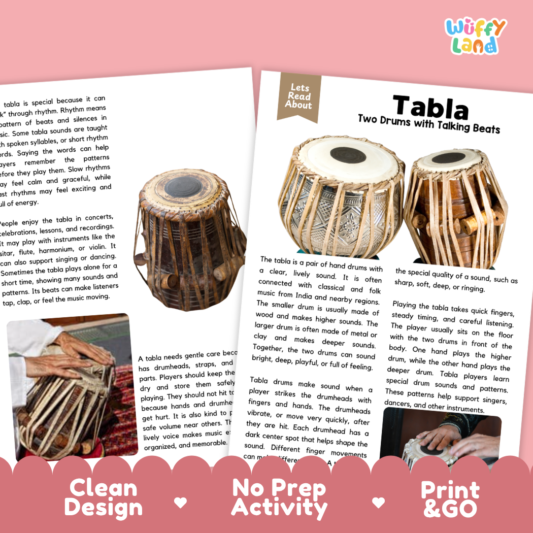 Teacher answer key page showing complete question solutions for Tabla music education reading comprehension practice