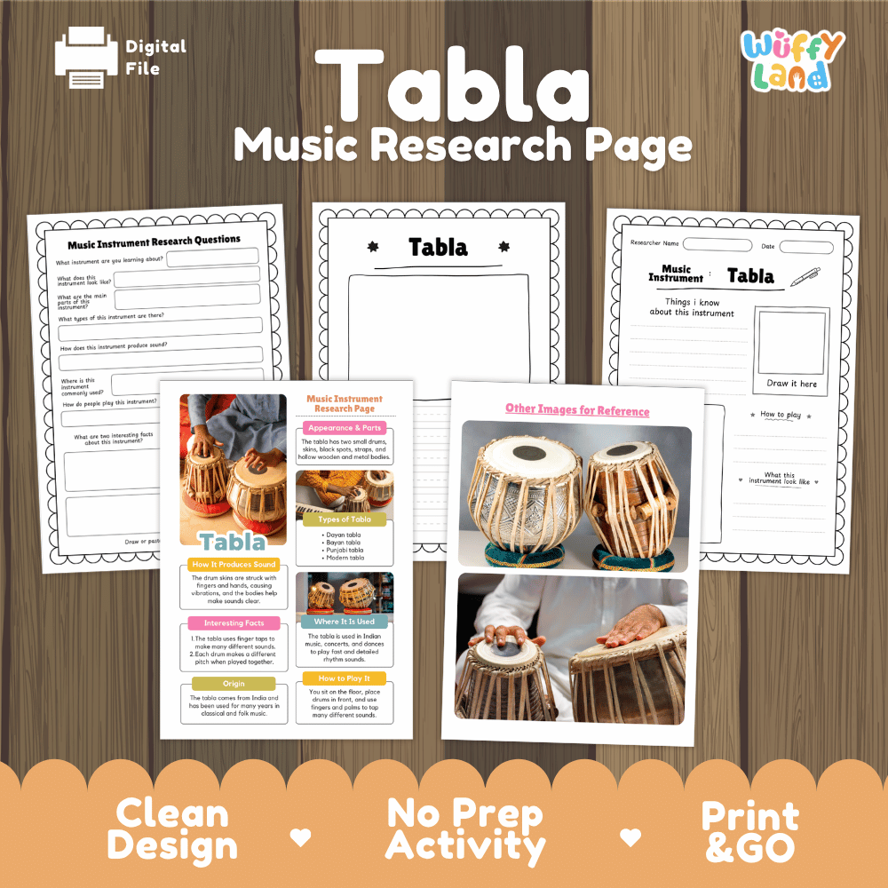 Tabla Music Research Page Worksheets and Fact Sheet