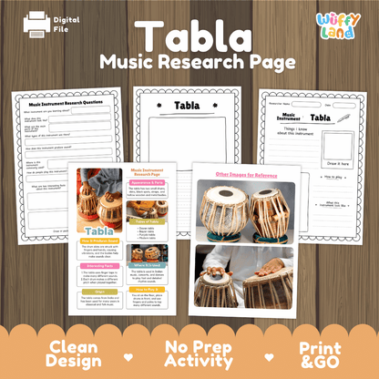 Tabla Music Research Page Worksheets and Fact Sheet