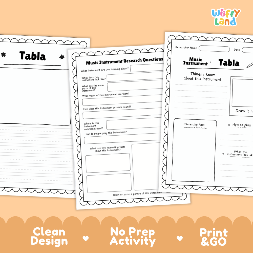 Tabla Music Research Page Worksheets and Fact Sheet