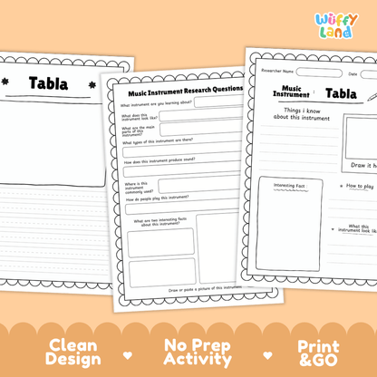 Tabla Music Research Page Worksheets and Fact Sheet
