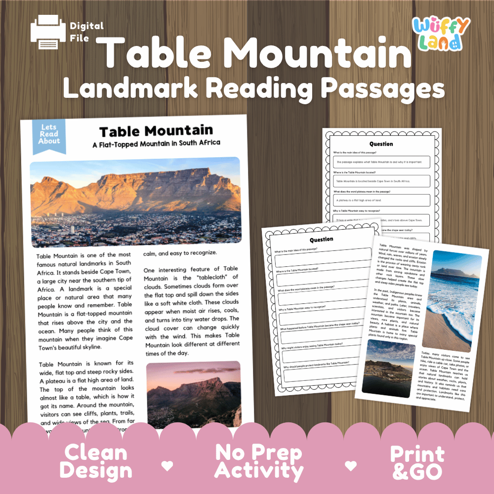 Table Mountain landmark reading passages educational study unit featuring nonfiction reading worksheets and authentic Cape Town plateau mountain photography