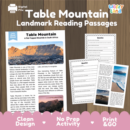 Table Mountain landmark reading passages educational study unit featuring nonfiction reading worksheets and authentic Cape Town plateau mountain photography