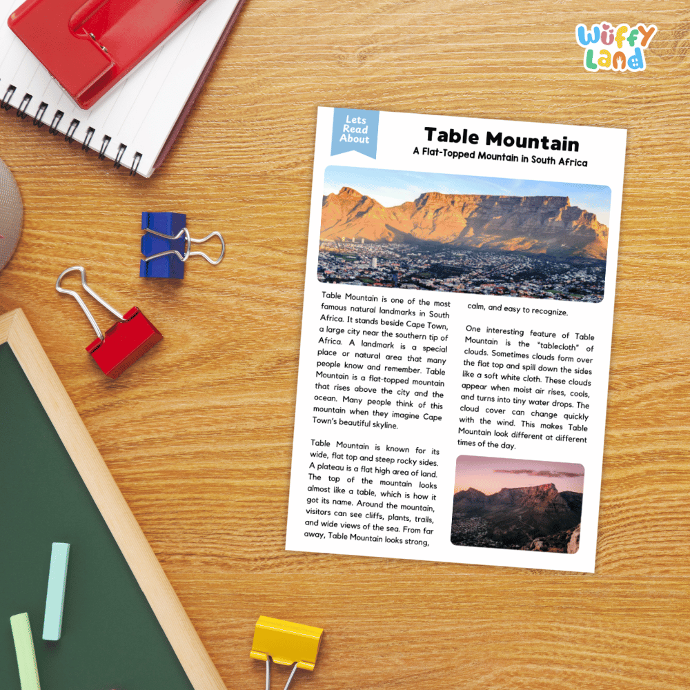 Lined reading comprehension question worksheet covering main ideas vocabulary terms and landmark facts about Table Mountain