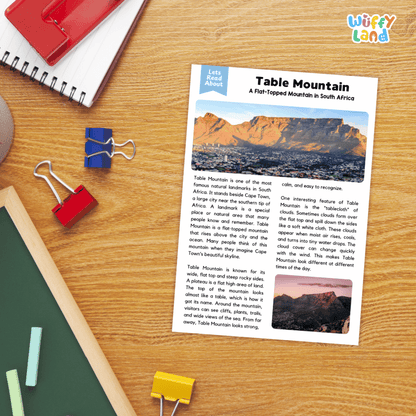 Lined reading comprehension question worksheet covering main ideas vocabulary terms and landmark facts about Table Mountain