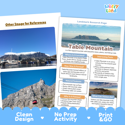 Table Mountain Landmark Research Project Worksheets and Fact Page Activity