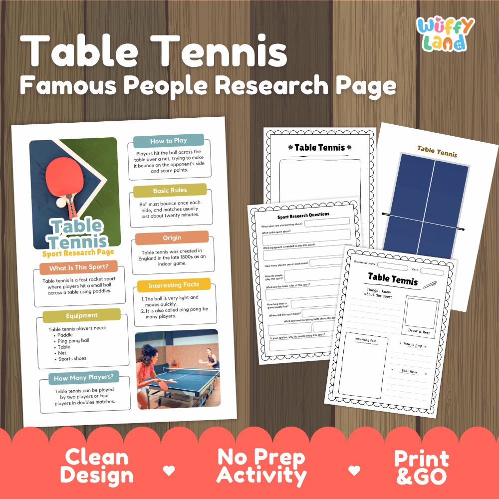 Table Tennis Sport Research Project Worksheets and Fact Sheet