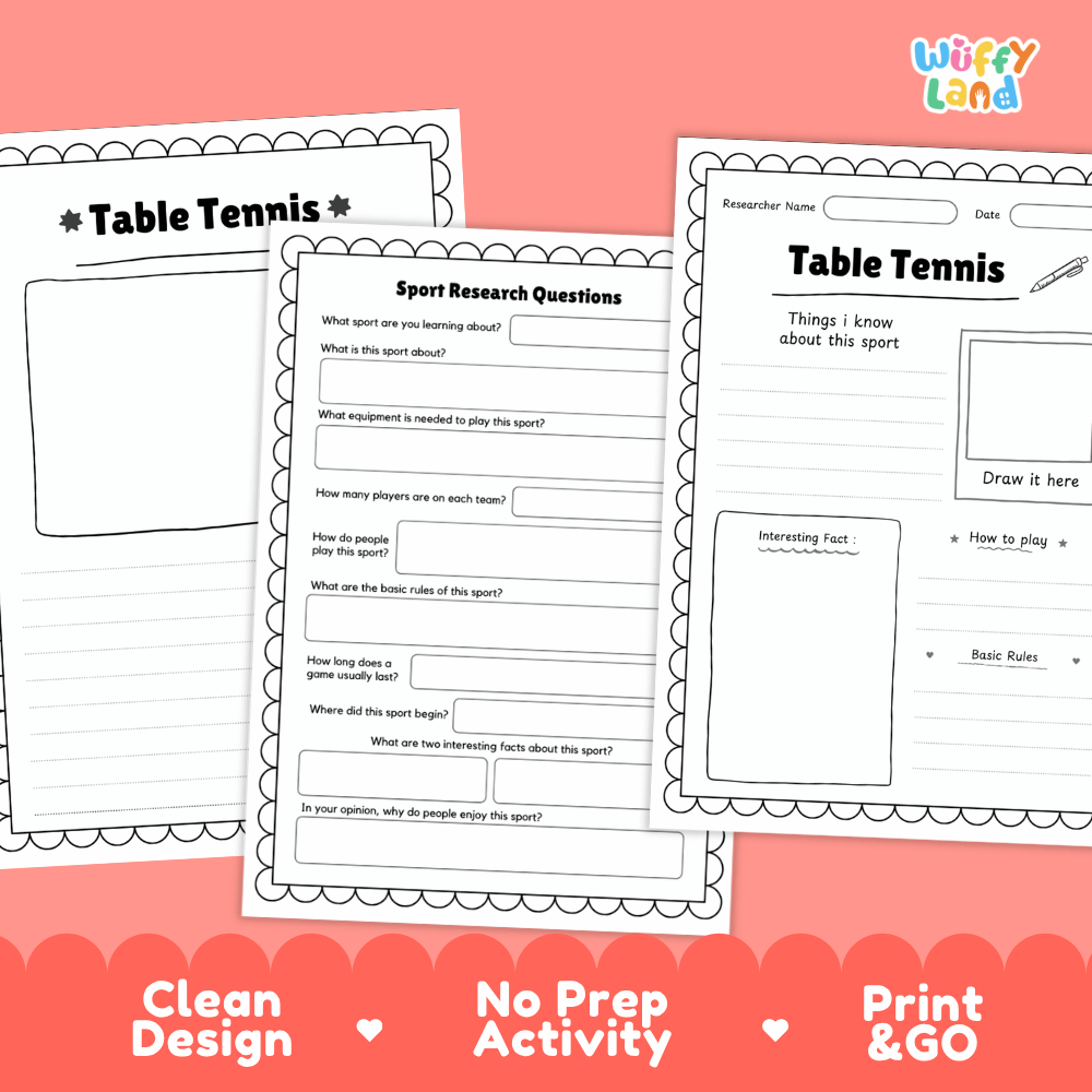 Table Tennis Sport Research Project Worksheets and Fact Sheet