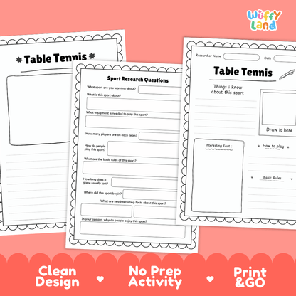 Table Tennis Sport Research Project Worksheets and Fact Sheet