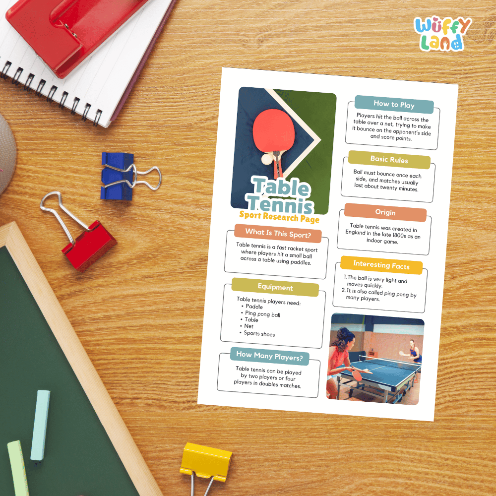 Table Tennis Sport Research Project Worksheets and Fact Sheet