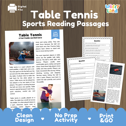 Table Tennis Sports Reading Passages and Comprehension Questions Worksheets