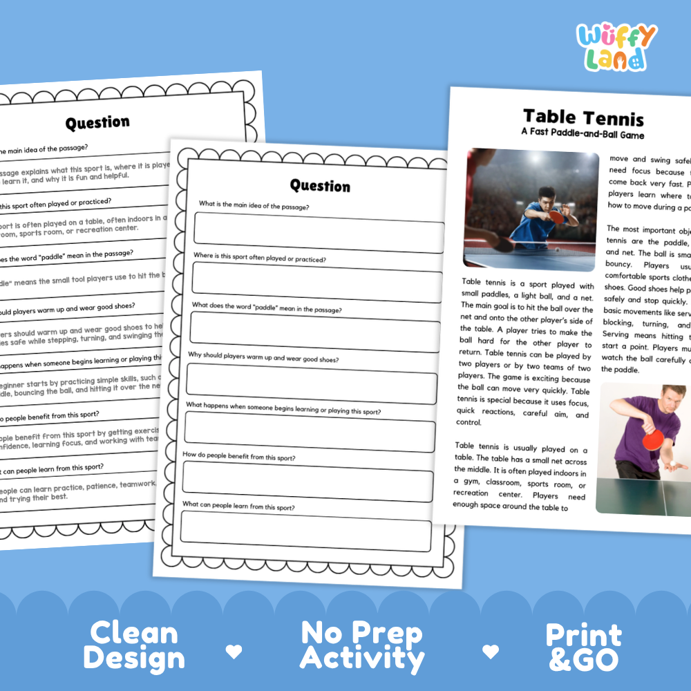 Table Tennis Sports Reading Passages and Comprehension Questions Worksheets