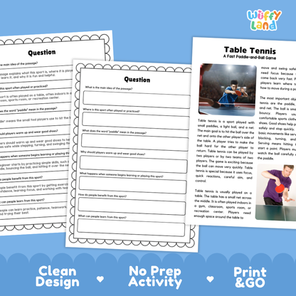 Table Tennis Sports Reading Passages and Comprehension Questions Worksheets